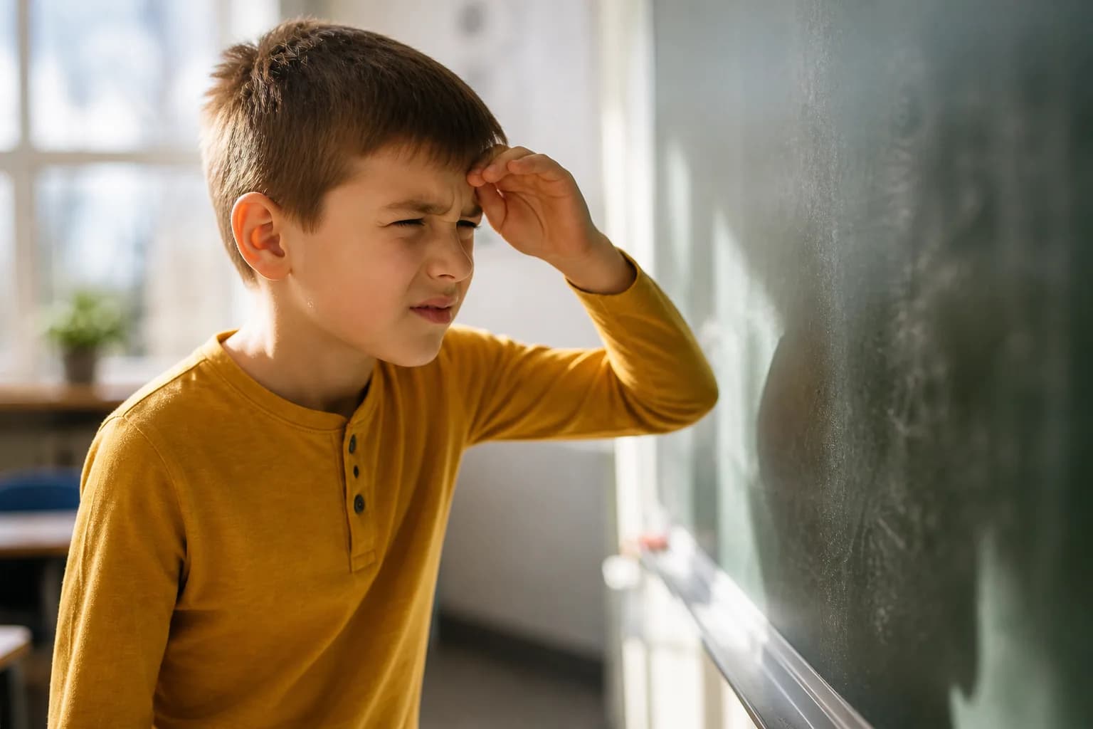 Dítě mhouří oči ve škole — typický příznak nediagnostikované myopie