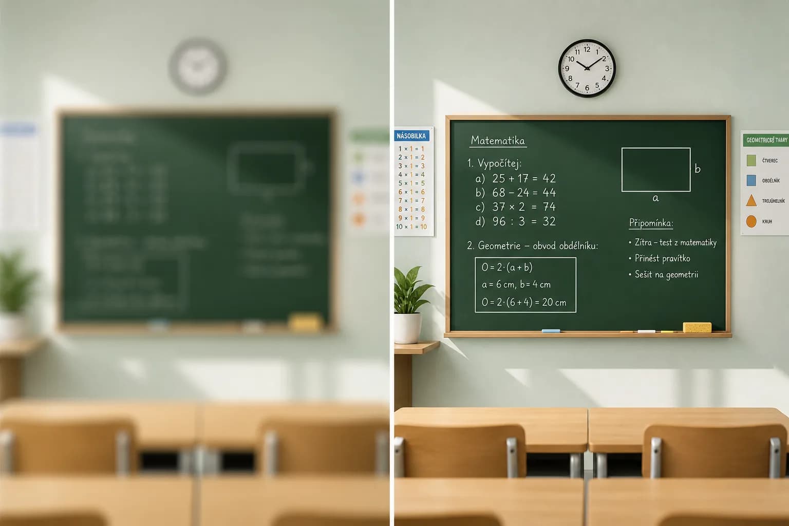 Vizuální metafora myopie — split-screen porovnávající rozmazané vidění na dálku s ostrým viděním po korekci